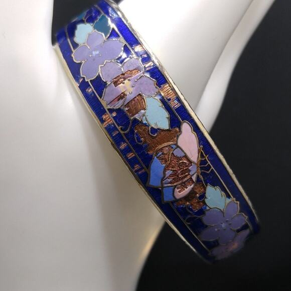 Vintage Blue Cloisonné Butterfly Floral Cuff Bracelet Enamel Copper 5 1/4" - Picture 5 of 7